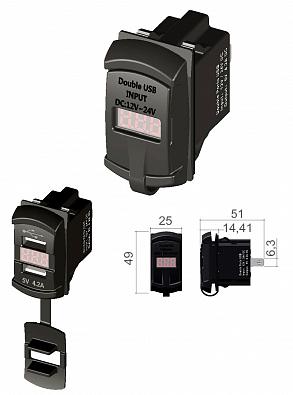 Изображение товара 14.195.61 Гнездо питания 2xUSB (2.1+1.0A) с вольтметром 5-30V, 12/24V, 49x25x51мм (Osculati, )