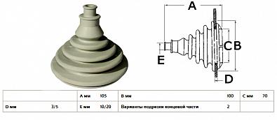 Изображение товара 03.412.01 Гофра уплотнительная для тросов, Ø70/10-20x105мм, серый Dutral (Osculati, )