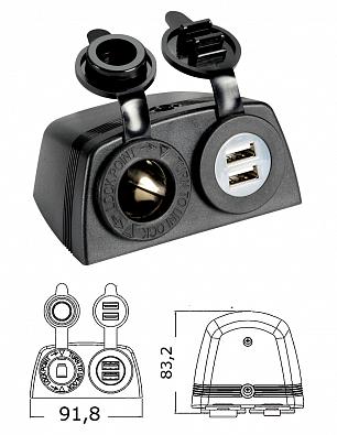 Изображение товара 14.516.04/10 Розетка прикуривателя 12V + 2xUSB 5V/2.1A, c корпусом для крепления на плоскости, черны