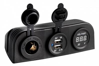 Изображение товара 14.517.34 Розетка прикуривателя 12V c 2xUSB 5V/2.1A+1.0A и вольтметром 8-32V, накладного монтажа, че