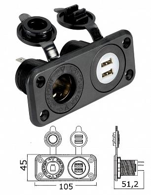 Изображение товара 14.516.02 Розетка прикуривателя 12V + 2xUSB 5V/2.1A, врезные на панели, черный пластик (Osculati, )