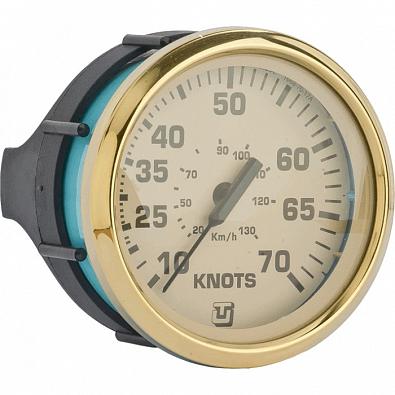 Изображение товара 62059L Спидометр, 10-70 узлов (20-130 км/ч), бежевый циферблат/золотой ободок, 12/24V, Ø85мм (UFLEX,