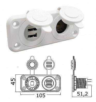 Изображение товара 14.516.12 Розетка прикуривателя 12V + 2xUSB 5V/2.1A, врезные на панели, белый пластик (Osculati, )