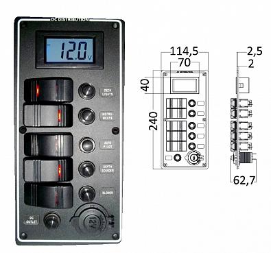 Изображение товара 14.863.05 Панель на 5 выключателей с прикуривателем 12V/цифровым вольтметром 9-32V/автоматическими п