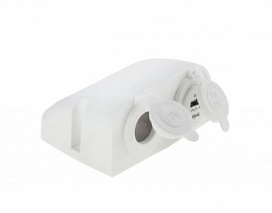 Изображение товара AS242PUW Разъем USB 5В 2.1А и прикуриватель 12V для крепления на приборную панель, белый пластик ()