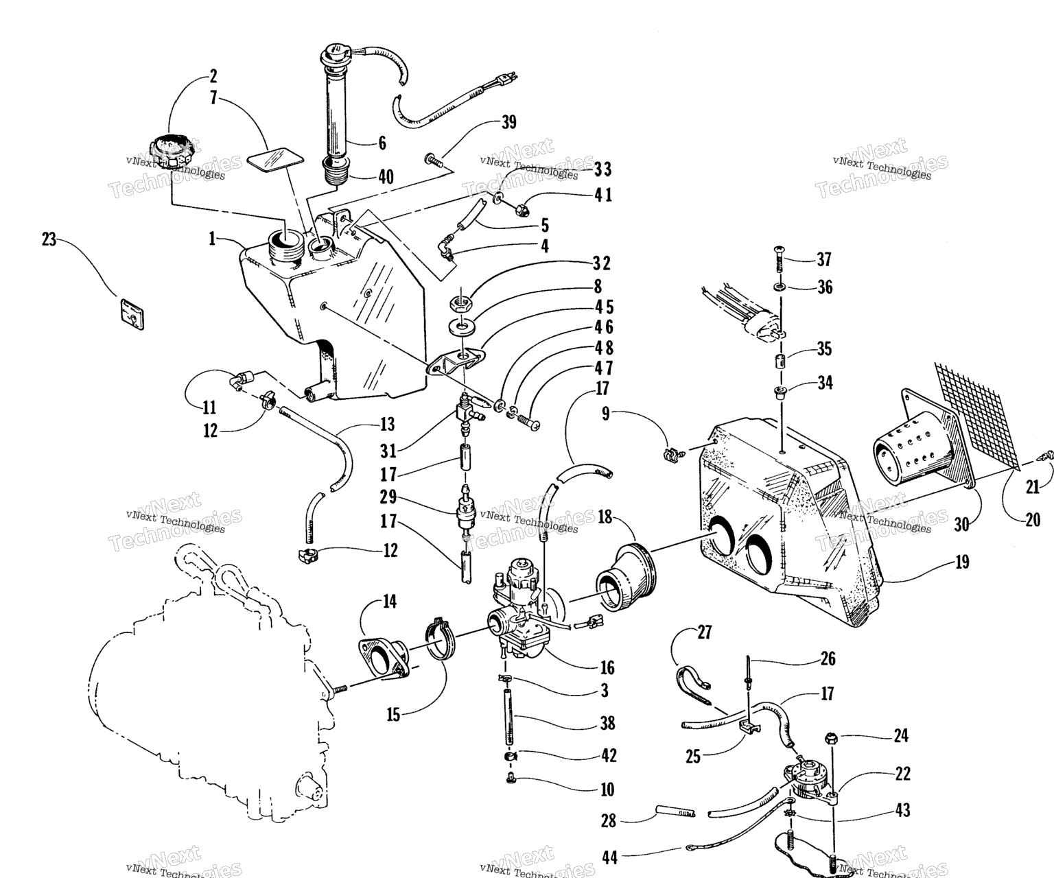 Схема узла Бак Масла, Карбюратор, Топливный Насос, И Глушитель