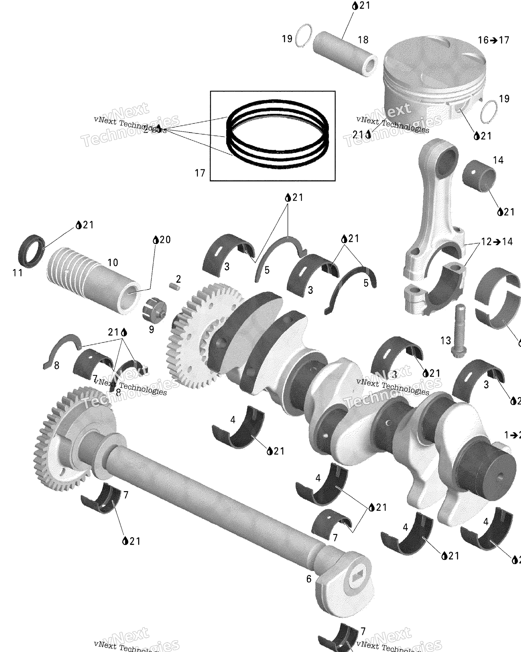 Схема узла Коленчатые Валы, Поршни И Балансировочный Вал