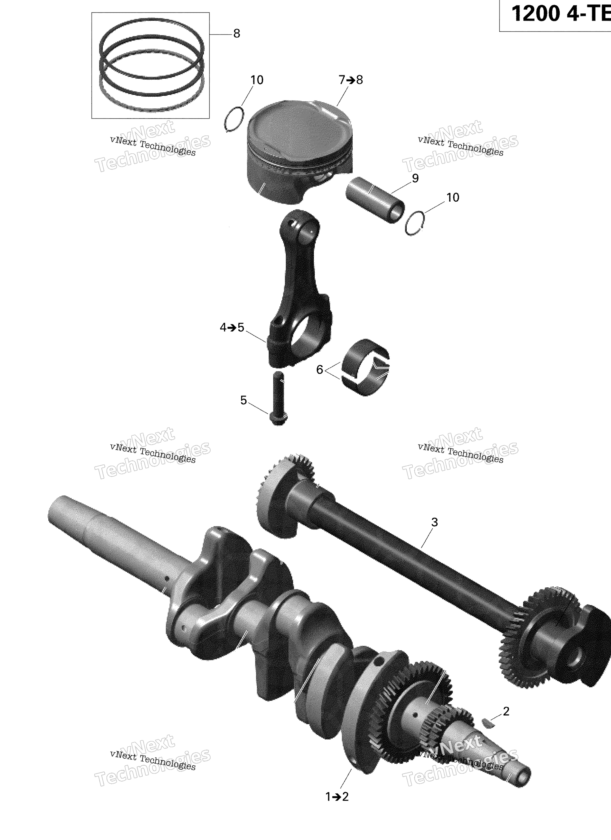 Схема узла Коленчатые Валы, Поршни И Балансировочный Вал
