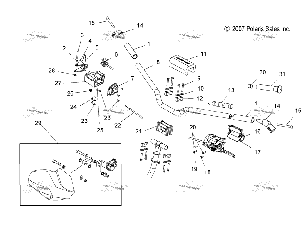 Схема узла Steering, Handlebar & Throttle Asm. ( Dragon) S08Pb6/Pb7/Pp6/Pp7 All Options (49Snowhandlebar08Cfi)