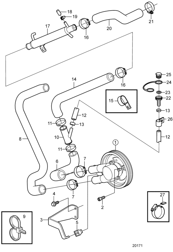 Схема узла Seawater Pump And Hoses, Early Для Volvo Penta 5.0Gl-E