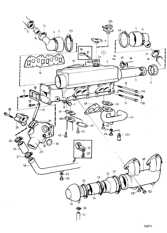 Схема узла Heat Exchanger, Induction And Exhaust Manifold Для Volvo Penta Md22A