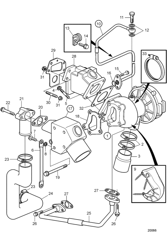 Схема узла Turbo, Induction And Exhaust Manifold Для Volvo Penta D2-75F