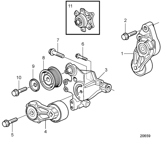 Схема узла Belt Transmission And Belt Tensioner Device Для Volvo Penta D9A2A D9A-Mg