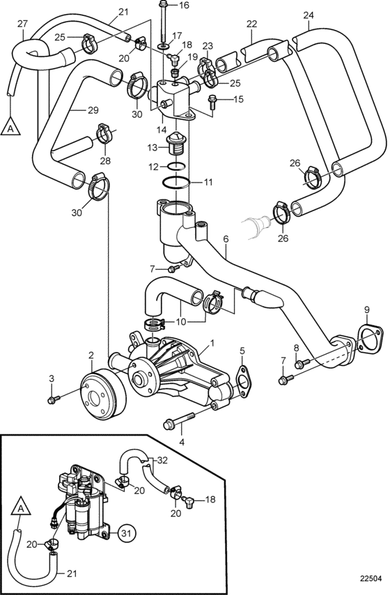 Схема узла Circulation Pump And Thermostat Housing Для Volvo Penta 8.1Gie-J