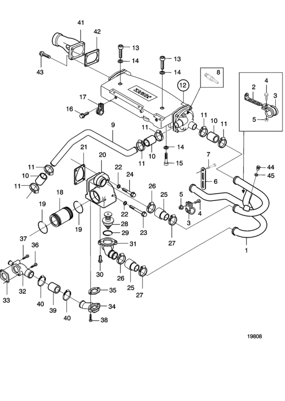 Схема узла Keel Cooling, 1,5 Circuit With Charge Air Cooler And Thermostat Housing Для Volvo Penta D5A-B Ta