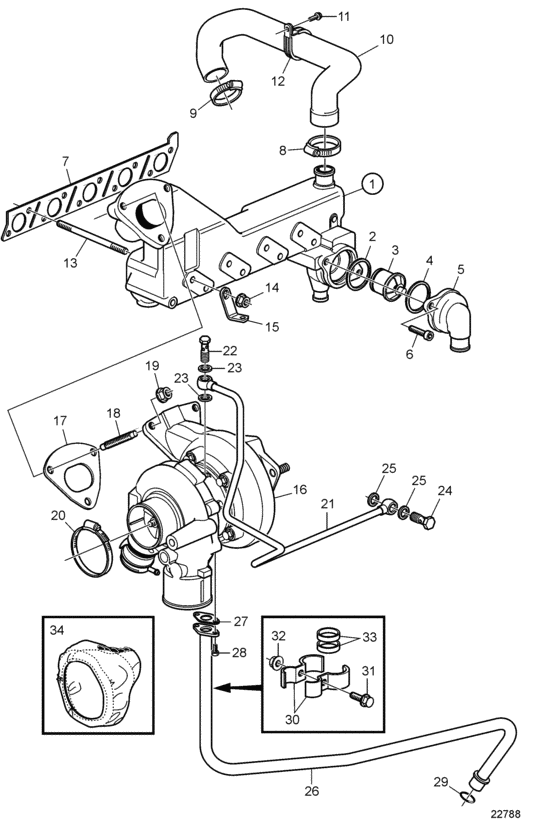 Схема узла Exhaust Manifold And Turbocharger Для Volvo Penta D3-110I-C