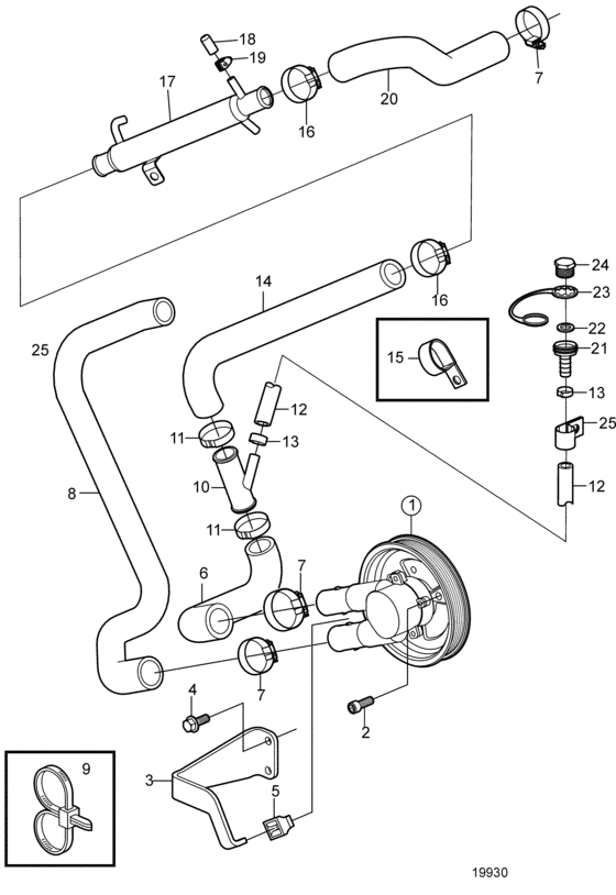 Схема узла Seawater Pump And Hoses, Early Для Volvo Penta 5.7Gxi-F