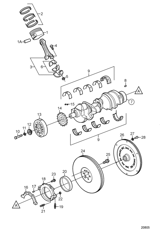 Схема узла Crankshaft And Related Parts Для Volvo Penta 5.7Gxii-A