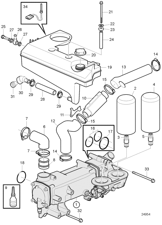 Схема узла Heat Exchanger And Expansion Tank. Sn-2004002830 Для Volvo Penta D4-210A-A