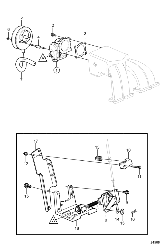 Схема узла Throttle Body And Throttle Cable Connection Для Volvo Penta 3.0Gxic-J