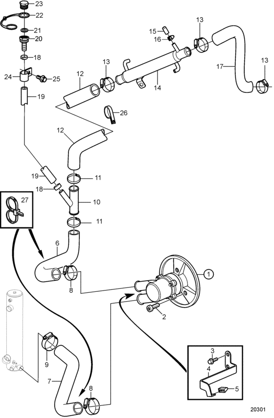 Схема узла Seawater Pump And Hoses, Sterndrive With Freshwater Cooling Для Volvo Penta 8.1Gxi-Df