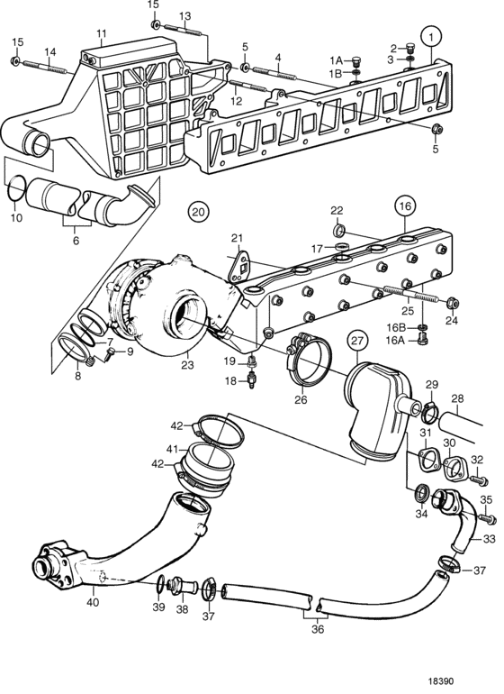 Схема узла Induction And Exhaust Manifold: C Для Volvo Penta Kad43P-A