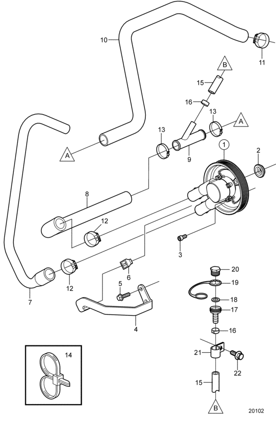 Схема узла Sea Water Pump And Hoses, Early Для Volvo Penta 3.0Glm-C