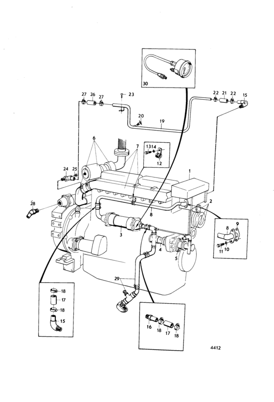 Схема узла Cooling System, Induction And Exhaust Manifold Для Volvo Penta Tmd70B
