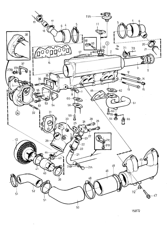 Схема узла Heat Exchanger, Turbo, Induction And Exhaust Manifold Для Volvo Penta Tmd22A