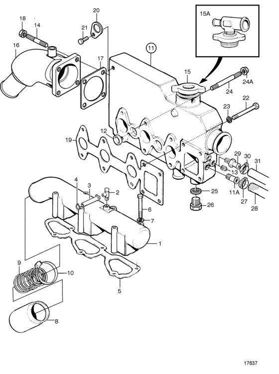 Схема узла Induction And Exhaust Manifold Для Volvo Penta Md2040B