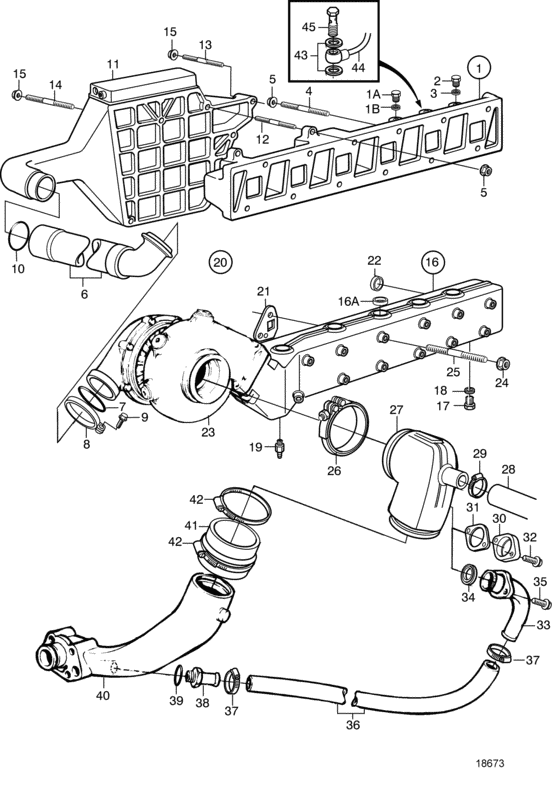 Схема узла Induction And Exhaust Manifold: A Для Volvo Penta Kamd44P-C