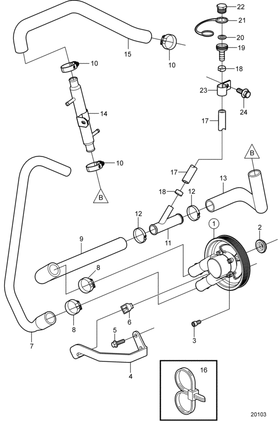 Схема узла Sea Water Pump And Hoses, Early Для Volvo Penta 3.0Glp-C