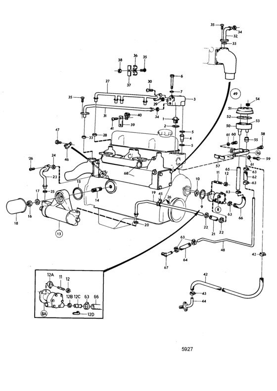Схема узла Cooling System Induction And Exhaust Manifold, Later Prod: D Для Volvo Penta Bb115C