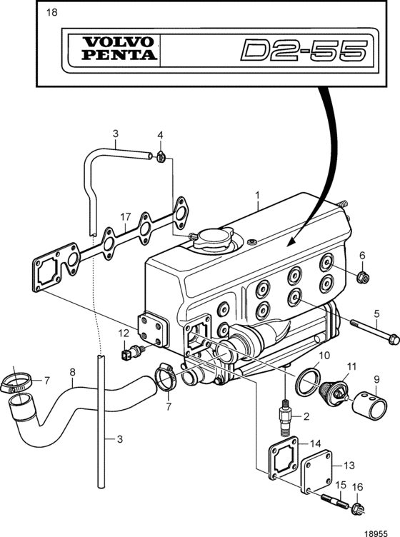 Схема узла Heat Exchanger With Integrated Exhaust Pipe Для Volvo Penta D2-55A