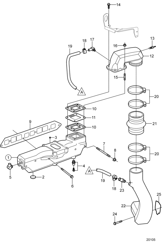 Схема узла Intake And Exhaust Manifold, Early Для Volvo Penta 3.0Glm-C