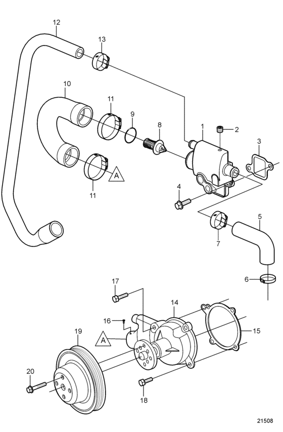Схема узла Circulation Pump And Thermostat, Later Для Volvo Penta 3.0Glm-C