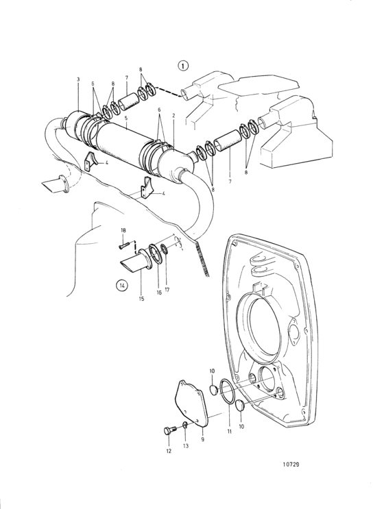 Схема узла Silencer, Blind Flange, Exhaust Line, Later Model: 854513 Для Volvo Penta 740A