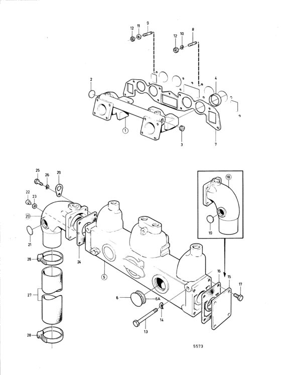 Схема узла Induction- And Exhaust Manifold: B Для Volvo Penta Aq130B