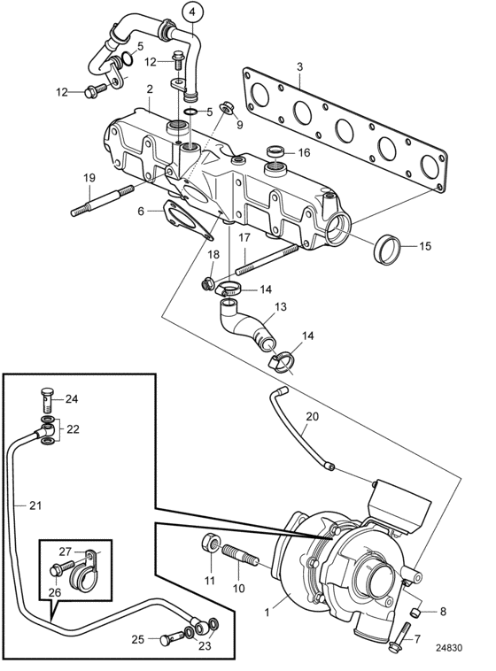 Схема узла Exhaust Manifold And Turbocharger Для Volvo Penta D3-220A-D