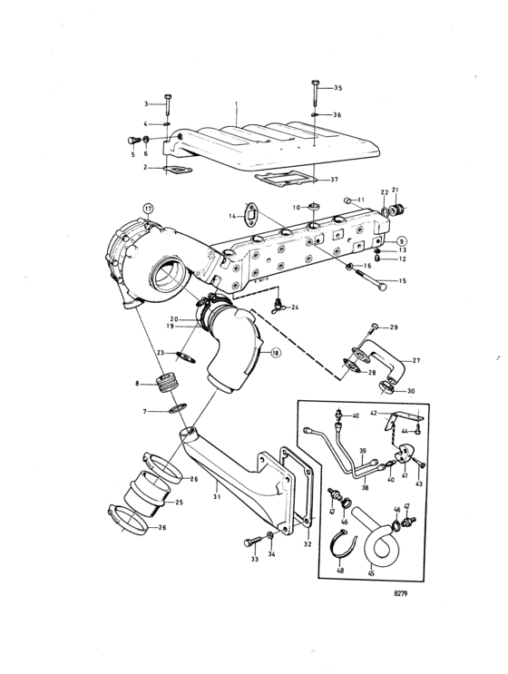 Схема узла Induction- And Exhaust Manifold And Cooling Water Overspill Для Volvo Penta Tamd40A