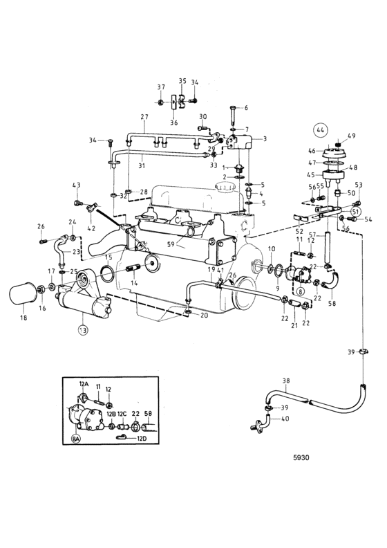 Схема узла Cooling System, Induction- And Exhaust Manifold Для Volvo Penta Aq130C