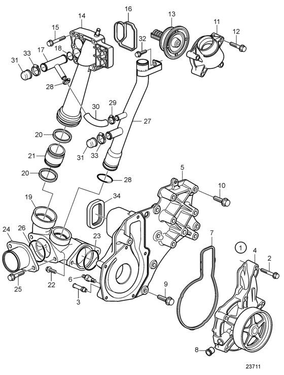 Схема узла Cooling Water Pump And Thermostat Housing Для Volvo Penta D9A2A D9A-Mg