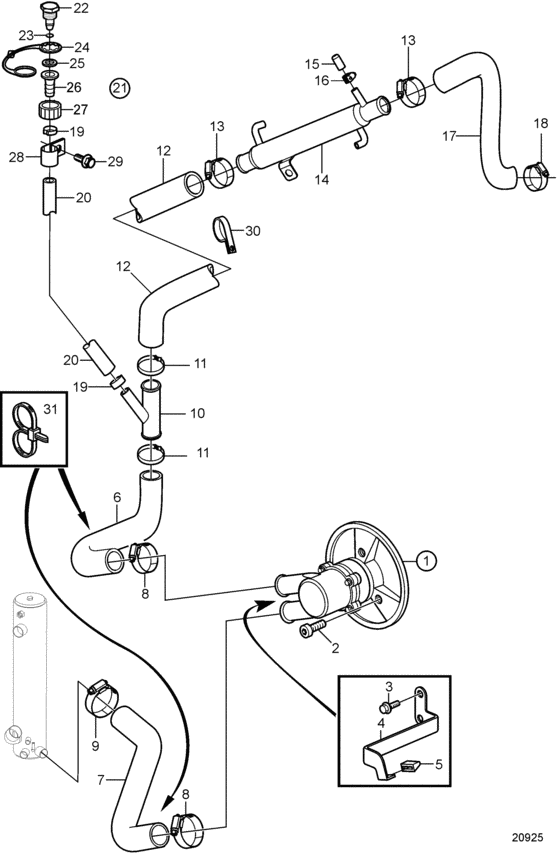 Схема узла Seawater Pump And Hoses, Sterndrive With Freshwater Cooling Для Volvo Penta 8.1Gxi-Ef