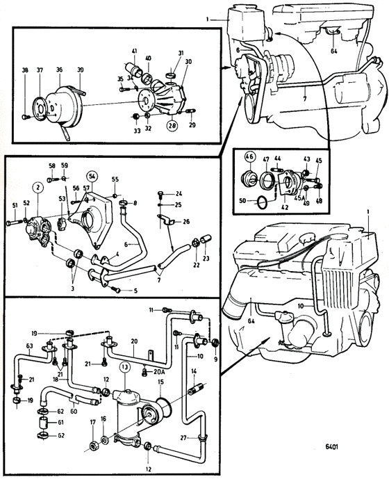 Схема узла Cooling System, Induction- And Exhaust Manifold: A Для Volvo Penta Aq140A