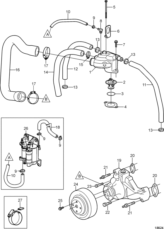 Схема узла Circulation Pump And Thermostat Для Volvo Penta 5.0Gxi-B