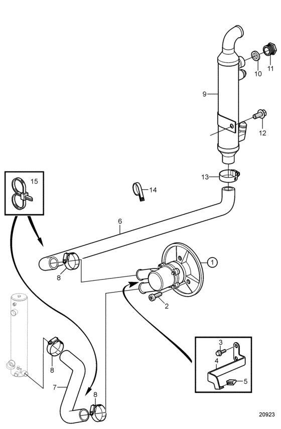 Схема узла Seawater Pump And Hoses, Inboard With Freshwater Cooling Для Volvo Penta 8.1Gii-F