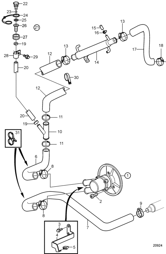 Схема узла Seawater Pump And Hoses Для Volvo Penta 8.1Osi-B