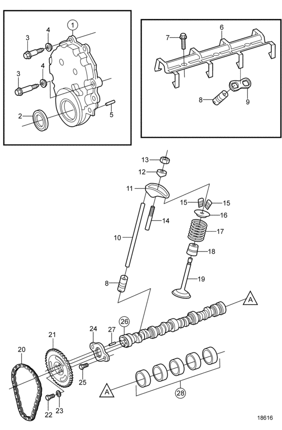 Схема узла Camshaft And Valve Train Для Volvo Penta 5.7Gi-F