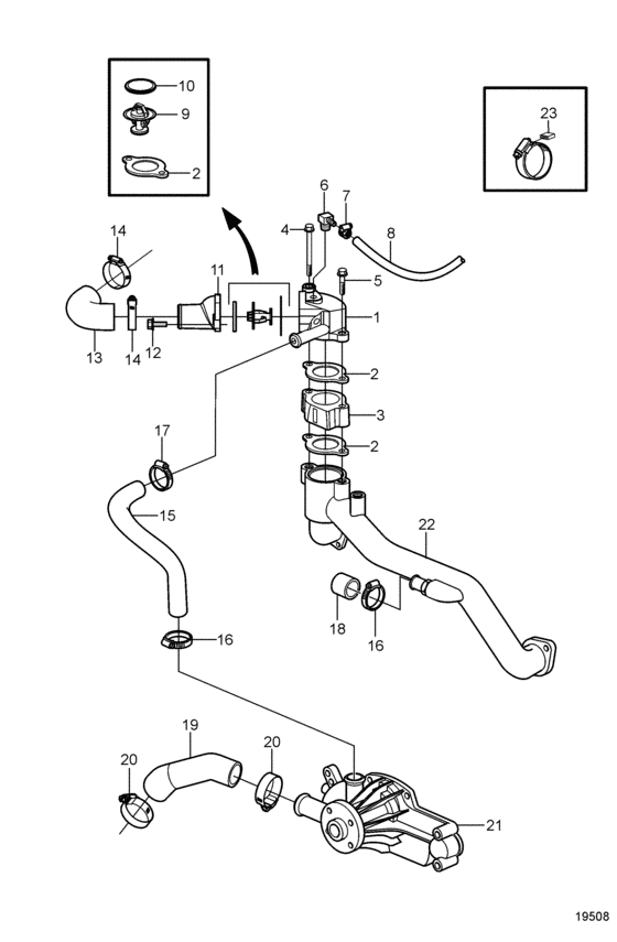 Схема узла Circulation Pump And Thermostat Housing, Freshwater Cooling Для Volvo Penta 8.1Gxi-Af