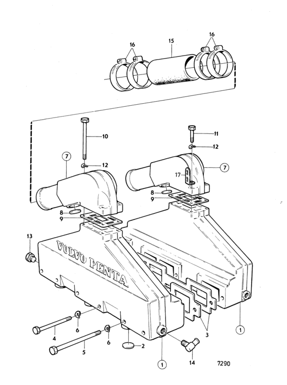 Схема узла Exhaust Manifold: B Для Volvo Penta Aq271B